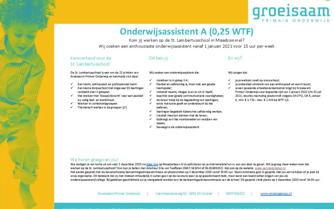 Vacature onderwijsassistent A Lambertusschool